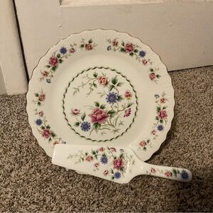 Floral Porcelain Cake Plate and Server - Pink & Blue Floral Pattern